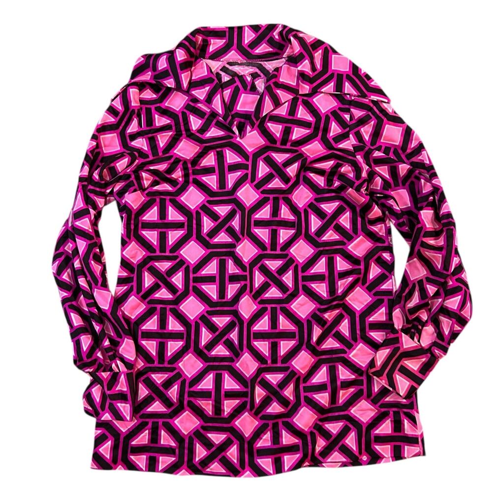 Vintage 70s Geometric Maximalist Top Womens Medium Pink Black Bold Boho Hippie - Picture 1 of 3